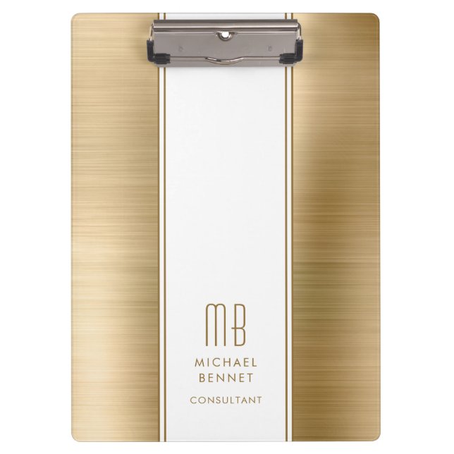 Monogrammed Gold Brushed Metallic Business Clipboard (Front)