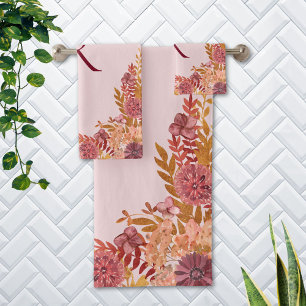 Monogrammed Gold Burgundy Fall Floral Bath Towel Set