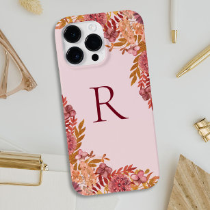 Monogrammed Gold Burgundy Fall Floral Case-Mate iPhone 14 Pro Max Case