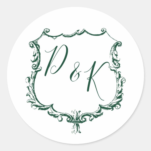 Monogrammed Gold Crest and Forest Green Wedding Classic Round Sticker (Front)