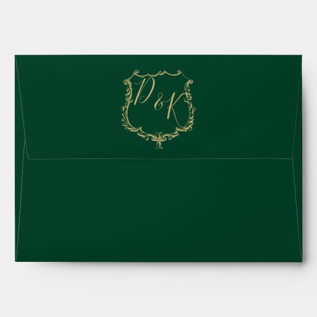 Monogrammed Gold Crest and Forest Green Wedding Envelope (Back (Top Flap))