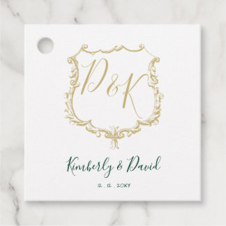 Monogrammed Gold Crest and Forest Green Wedding Favour Tags