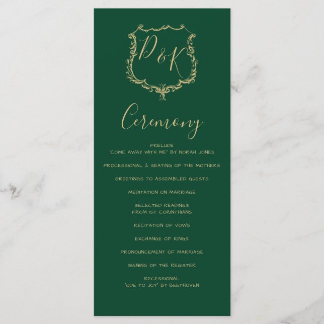 Monogrammed Gold Crest and Green Wedding programs (Front)