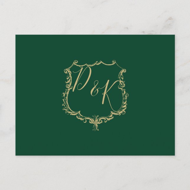 Monogrammed Gold Crest Green Wedding rsvp Postcard (Front)