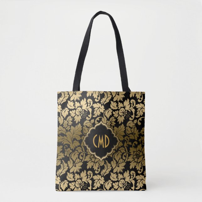 Monogrammed Gold Damask Over Black Background Tote Bag (Front)