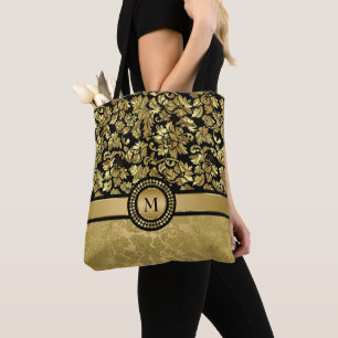Monogrammed Gold Damask Tote Bag