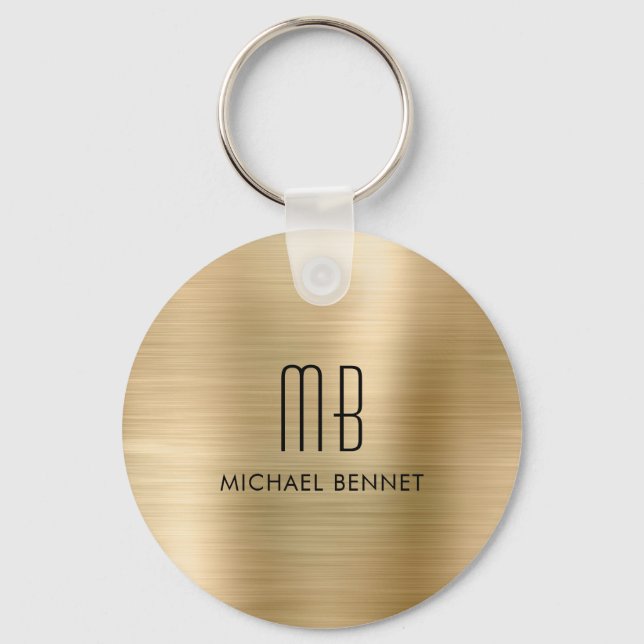 Monogrammed Gold Faux Brushed Metal Key Ring (Front)