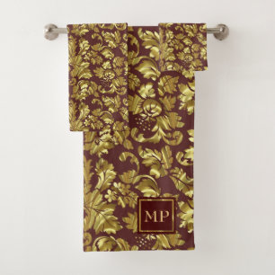 Monogrammed Gold Floral Damask Bath Towel Set