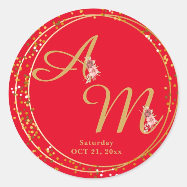 Monogrammed Gold Flower Minimal White Classic Round Sticker (Front)