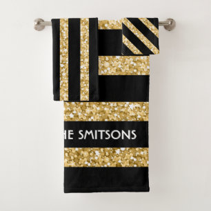 Monogrammed Gold Glitter And Black Stripes Bath Towel Set