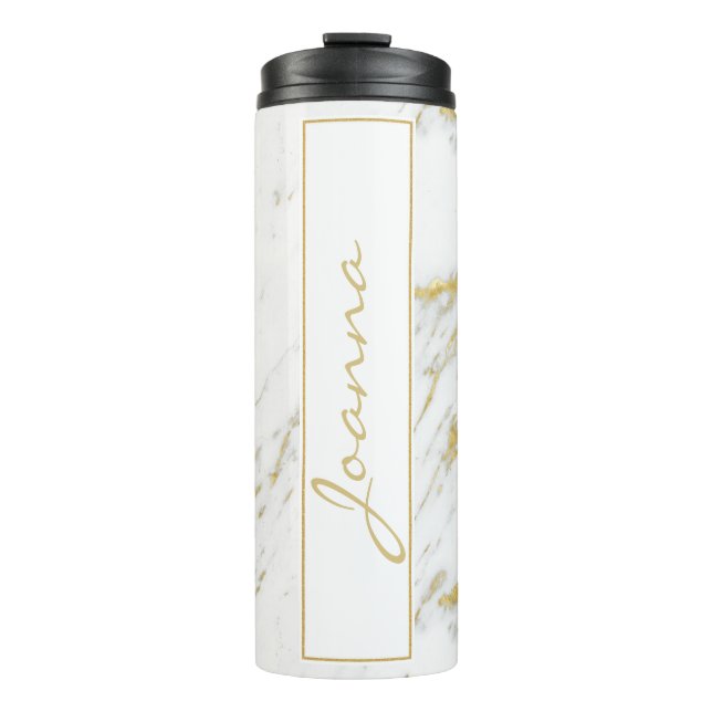 Monogrammed Gold Glitter On White Marble Thermal Tumbler (Front)