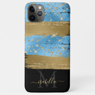 Monogrammed Gold Glitter Script Blue iPhone 11 Pro Max Case