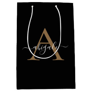 Monogrammed Gold Jet Black Minimal Elegant Medium Gift Bag