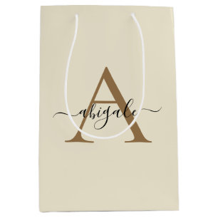 Monogrammed Gold Linen White Minimal Elegant Medium Gift Bag