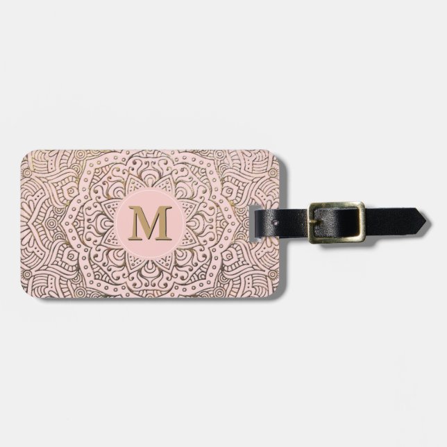 Monogrammed Gold Mandala | Blush Pink Boho Luggage Tag (Front Horizontal)