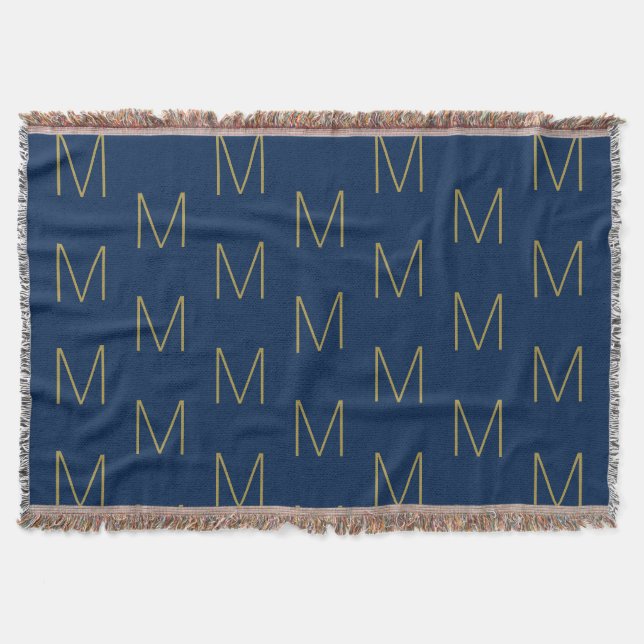 Monogrammed gold navy blue custom initial letter  throw blanket (Front)