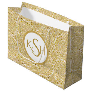 Monogrammed Gold On White Diamond Circles Pattern Large Gift Bag