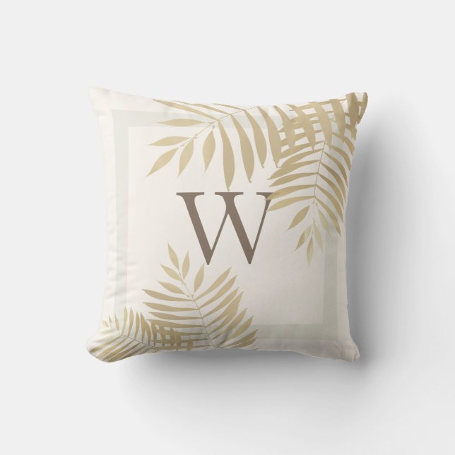 Monogrammed Gold Palm Tree Leaves Throw Pillow (Front)