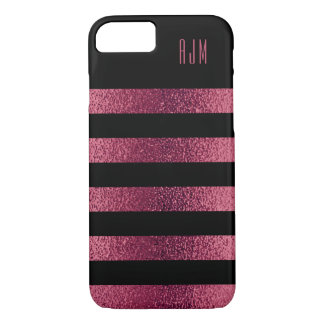 Monogrammed Gold PINK Stripes Black Background iPhone 8/7 Case