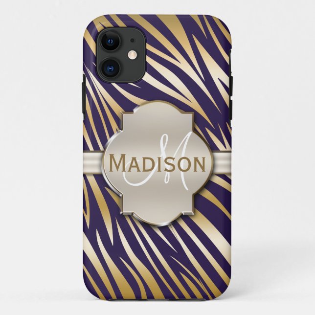 Monogrammed Gold Purple Zebra Print Pattern Case-Mate iPhone Case (Back)
