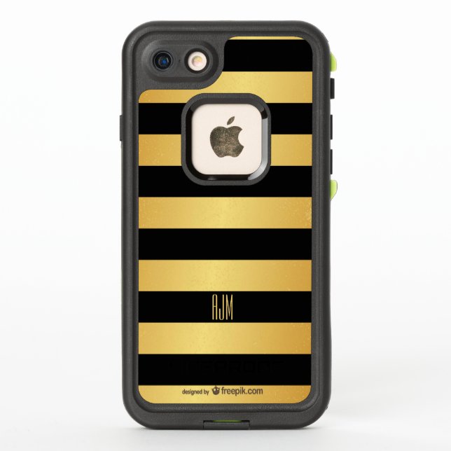 Monogrammed Gold Stripes Over Black Background LifeProof iPhone Case (Back)