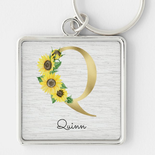 Monogrammed Gold Sunflower Floral Initial Q Key Ring (Front)