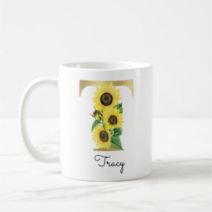 Monogrammed Gold Sunflower Floral Initial T Coffee Mug