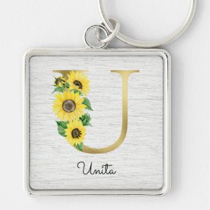 Monogrammed Gold Sunflower Floral Initial U Key Ring