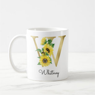 Monogrammed Gold Sunflower Floral Initial W Coffee Mug
