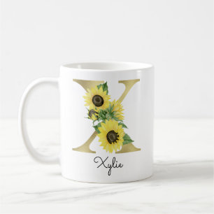 Monogrammed Gold Sunflower Floral Initial X Coffee Mug