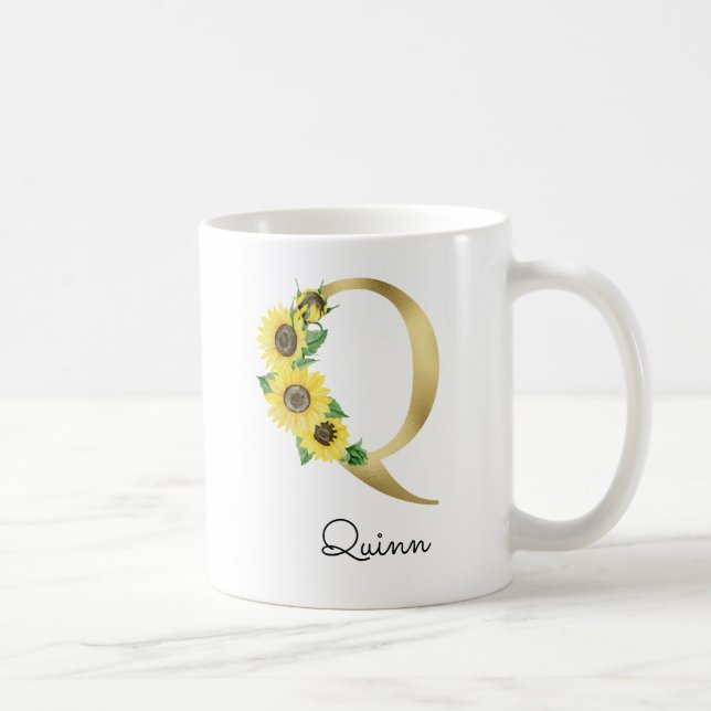 Monogrammed Gold Sunflower Initial Q Coffee Mug (Right)