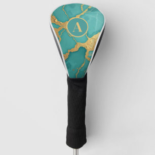 Monogrammed Gold & Teal Luxe Marble Golf Head Cover