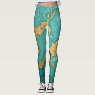 Monogrammed Gold & Teal Luxe Marble Leggings