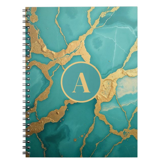 Monogrammed Gold & Teal Luxe Marble Notebook (Front)