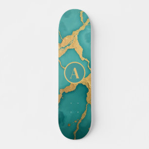 Monogrammed Gold & Teal Luxe Marble Skateboard