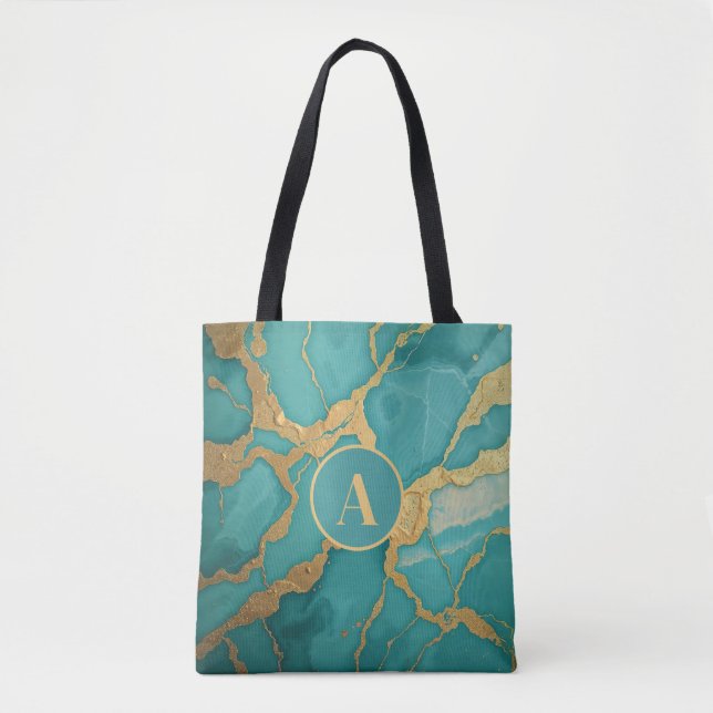 Monogrammed Gold & Teal Luxe Marble Tote Bag (Front)
