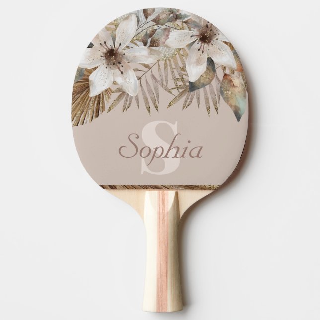 Monogrammed Gold Tropical Botanical  Ping Pong Paddle (Front)