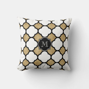 Monogrammed Gold White Black Geometric Quatrefoil Cushion