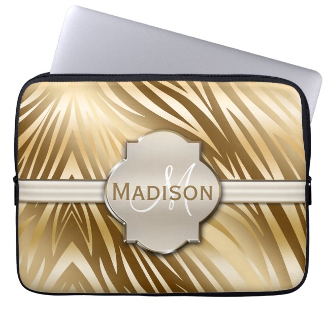 Monogrammed Gold Zebra Print Pattern Laptop Sleeve (Front)