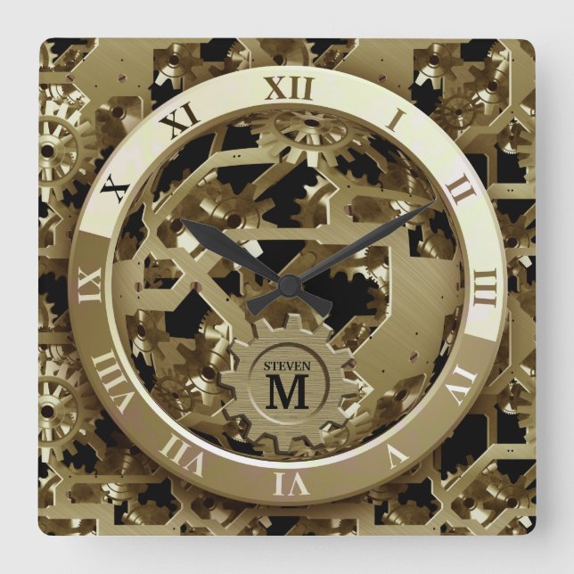 Monogrammed Golden Clock Gears Roman Numerals (Front)
