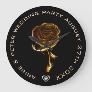 Monogrammed Golden Flame of Rose Over Black Large Clock