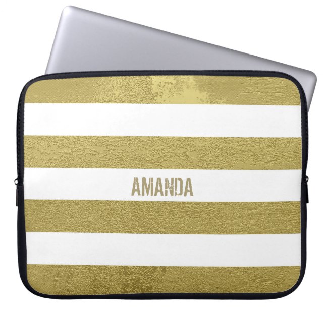 Monogrammed Golden Stripes Laptop Sleeve (Front)