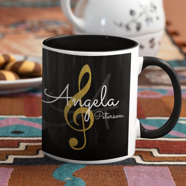 Monogrammed Golden Treble Clef, Music Black Mug (❤ coffee and music ❤ )