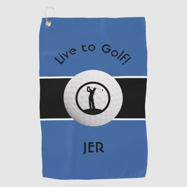 Monogrammed Golf Player Sports Quote Blue & Black Golf Towel (Front)