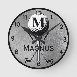 Monogrammed Golf Tee  Silver Round Clock