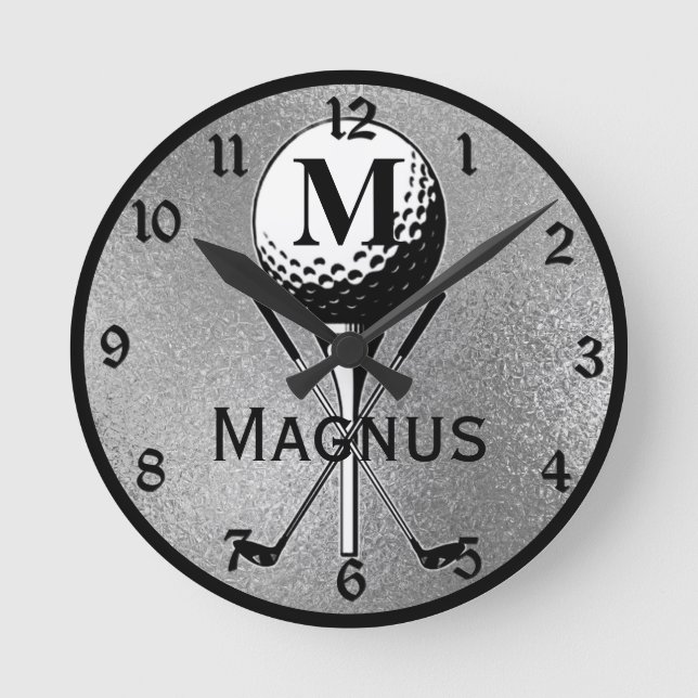 Monogrammed Golf Tee  Silver Round Clock (Front)