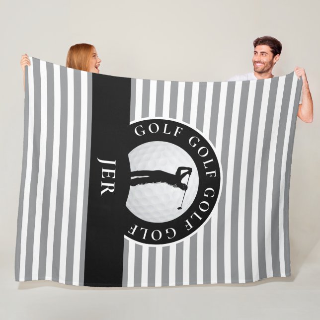 Monogrammed Golfer Grey Black Stripes For Him Fleece Blanket (In Situ)