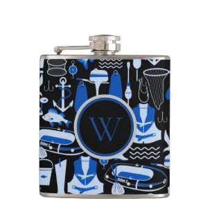 Monogrammed Gone Fishing Blue Pattern Hip Flask