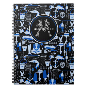 Monogrammed Gone Fishing Blue Pattern Notebook