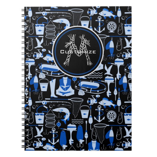 Monogrammed Gone Fishing Blue Pattern Notebook (Front)
